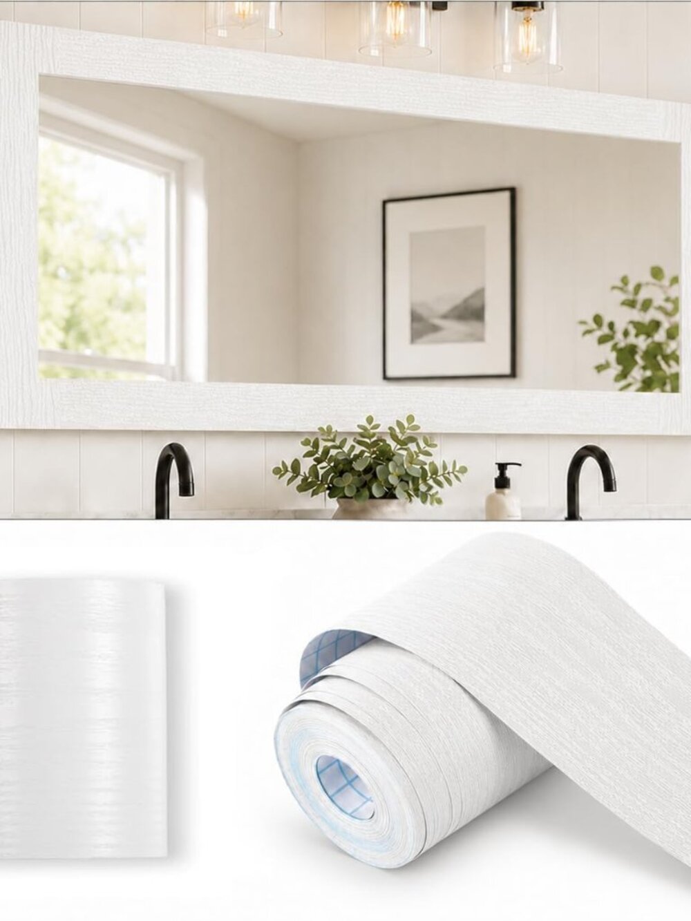 10M White Mirror Border Peel and Stick, Wood Grain Wallpaper Border